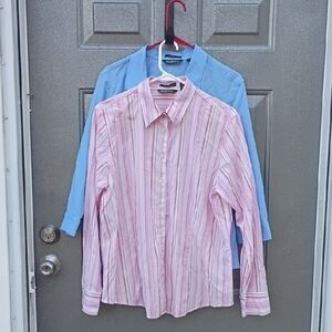 Eddie Bauer Classic Pink Striped Shirt And Solid Blue Shirt Women's XL 2 Pack